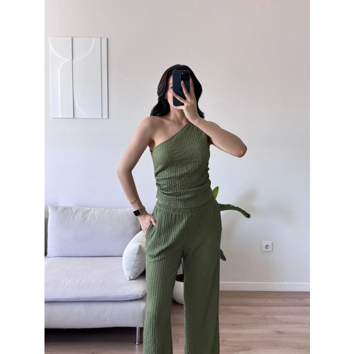 Tek Omuz Crop & Pantolon Takım - YEŞİL