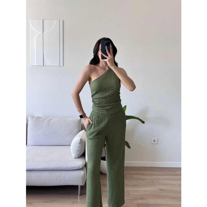 Tek Omuz Crop & Pantolon Takım - YEŞİL