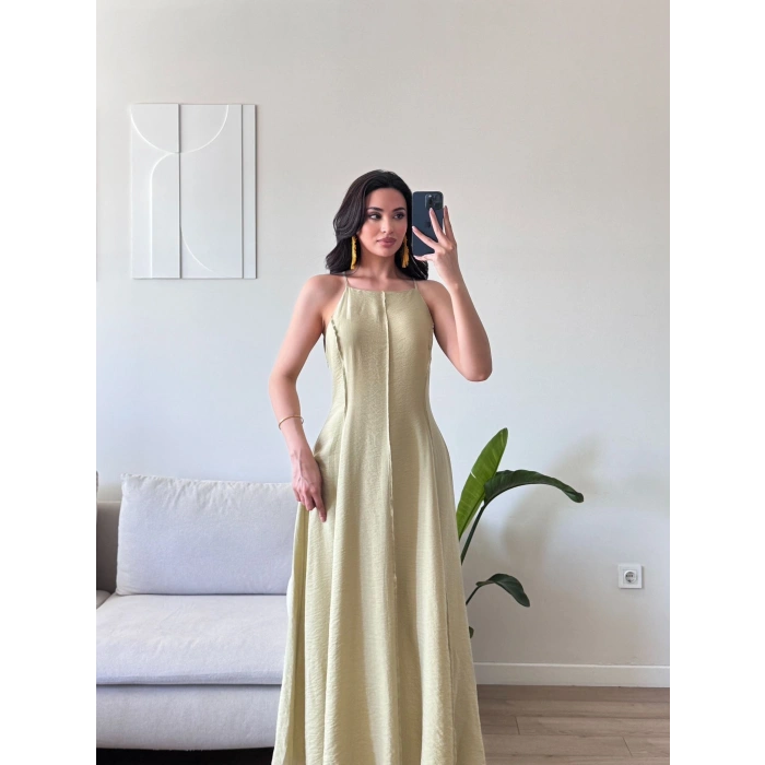 Askılı Ters Dikiş Keten Elbise - YEŞİL