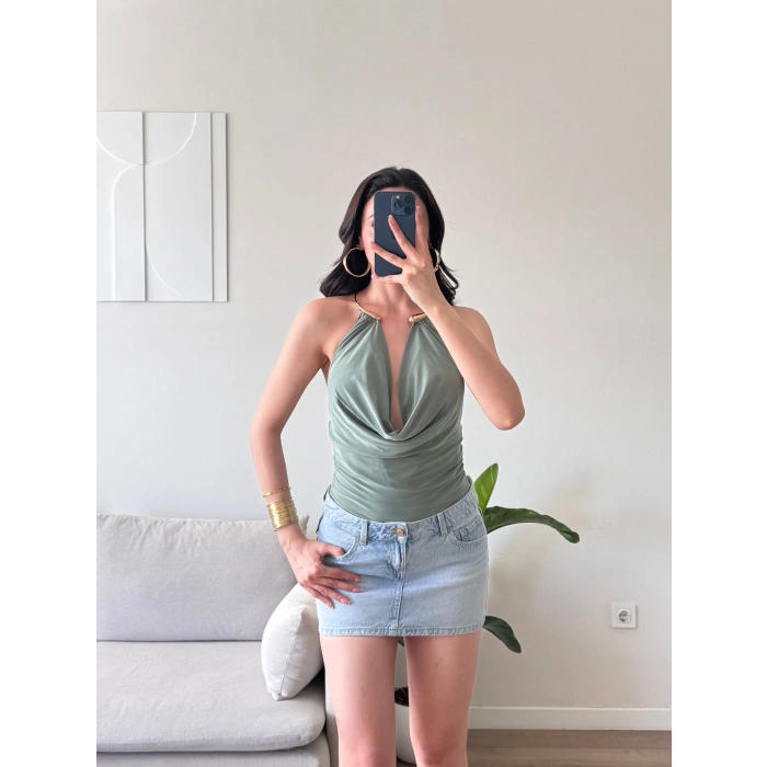 Boyun Aksesuar Degaje Bodysuit - YEŞİL
