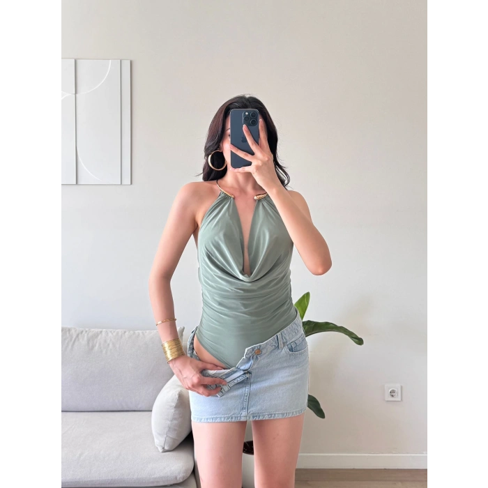 Boyun Aksesuar Degaje Bodysuit - YEŞİL