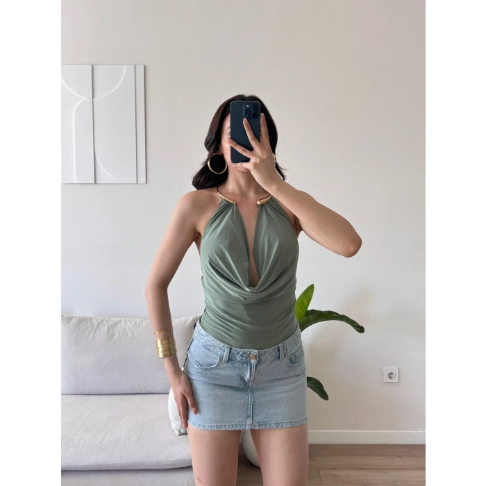 Boyun Aksesuar Degaje Bodysuit - YEŞİL