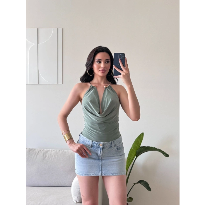 Boyun Aksesuar Degaje Bodysuit - YEŞİL