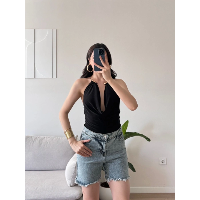 Boyun Aksesuar Degaje Bodysuit - SİYAH