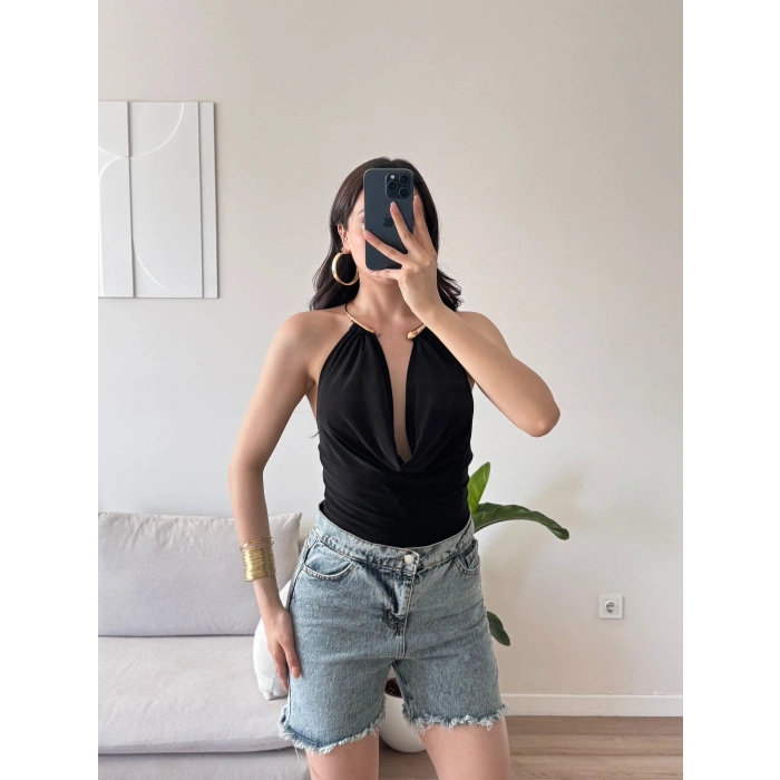 Boyun Aksesuar Degaje Bodysuit - SİYAH