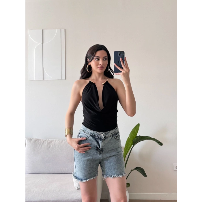 Boyun Aksesuar Degaje Bodysuit - SİYAH