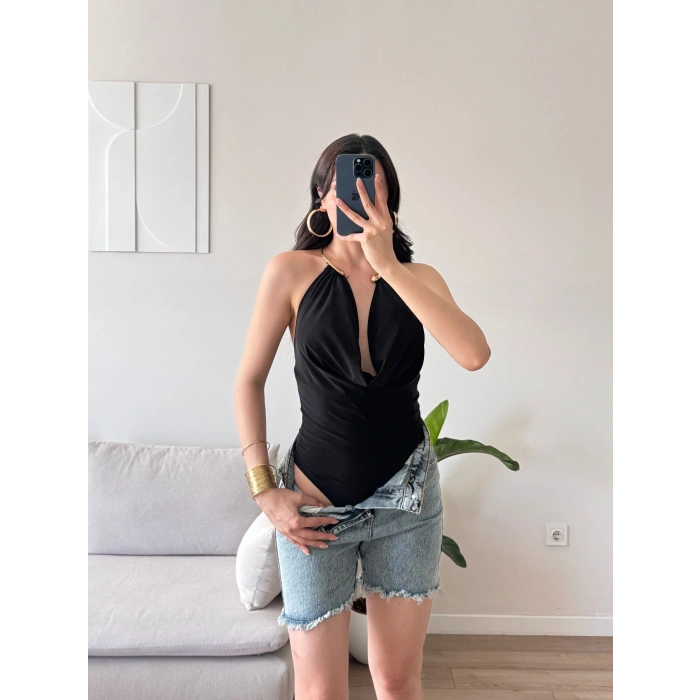 Boyun Aksesuar Degaje Bodysuit - SİYAH