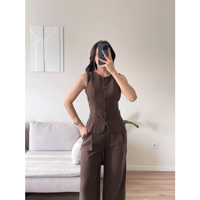 Ön Düğmeli Yelek Pantolon Takım - KAHVE