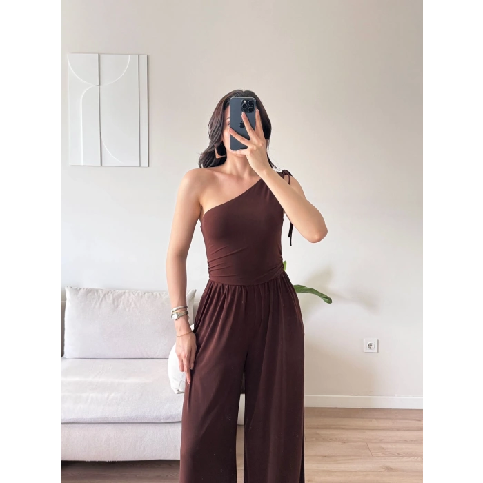 Tek Omuz Büzgülü Tulum - KAHVE