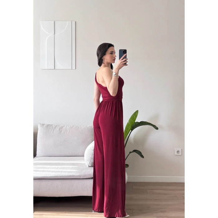 Tek Omuz Büzgülü Tulum - BORDO