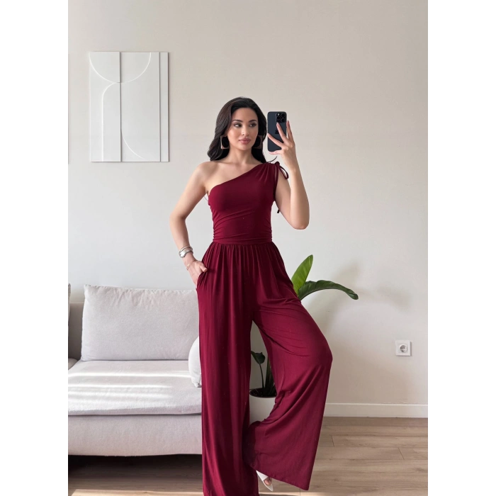 Tek Omuz Büzgülü Tulum - BORDO