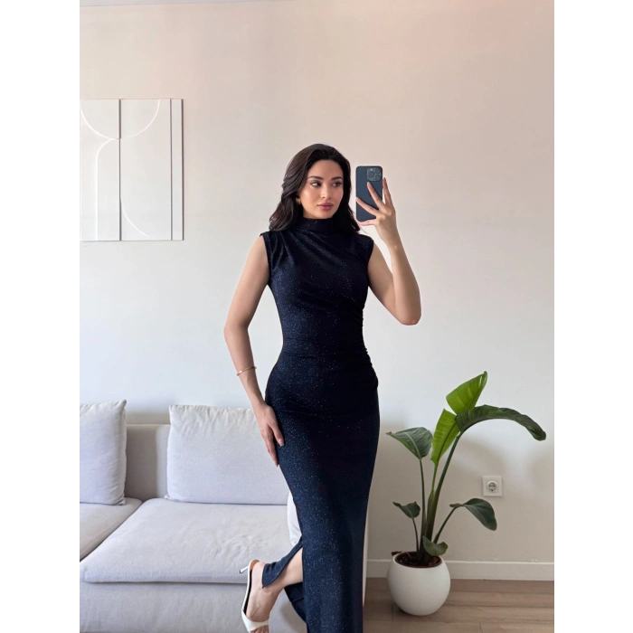 Dik Yaka Simli Elbise - LACİVERT