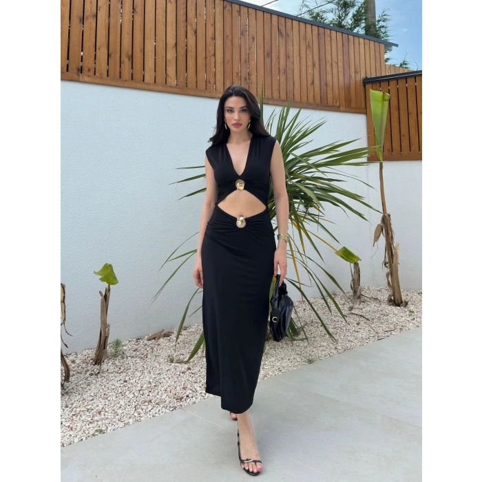 V Yaka Pencere Detay Elbise - SİYAH