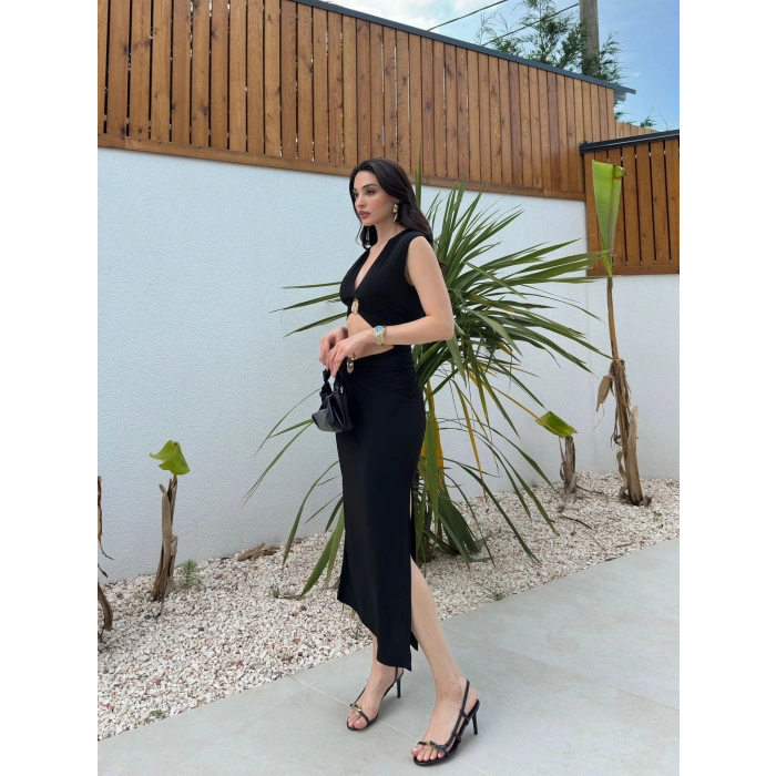 V Yaka Pencere Detay Elbise - SİYAH