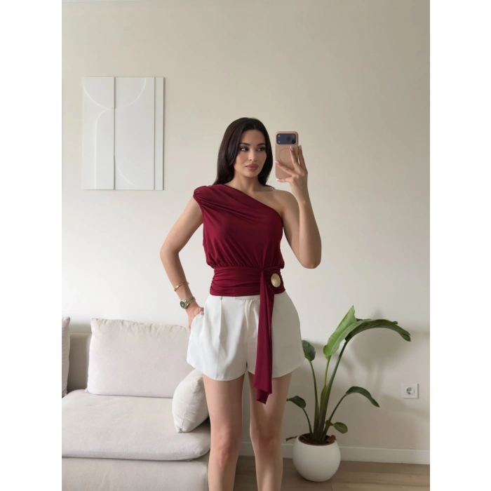 Tek Omuz Kuşaklı Bluz - BORDO