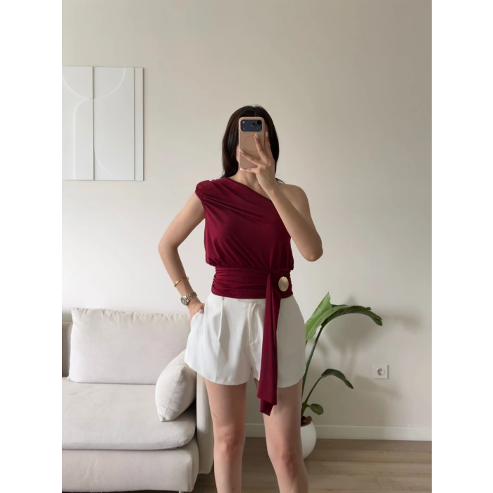 Tek Omuz Kuşaklı Bluz - BORDO