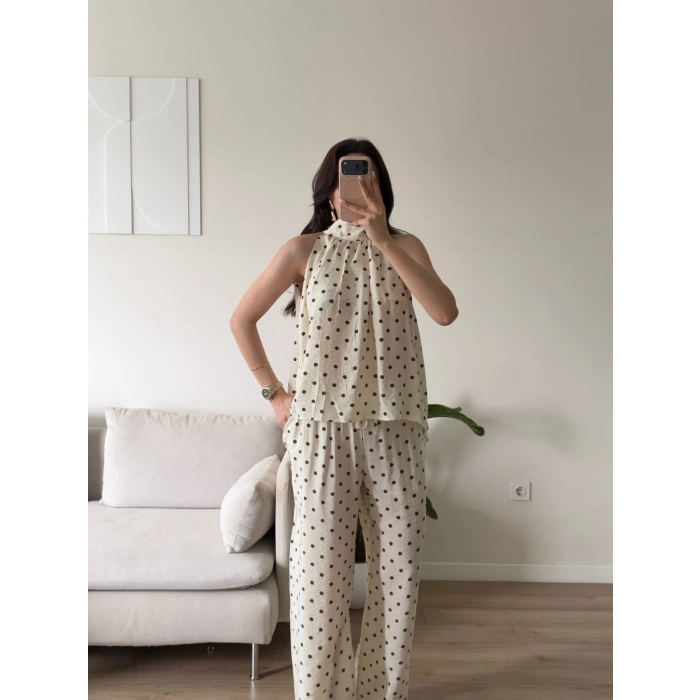 Halter Yaka Puantiyeli Takım - BEJ