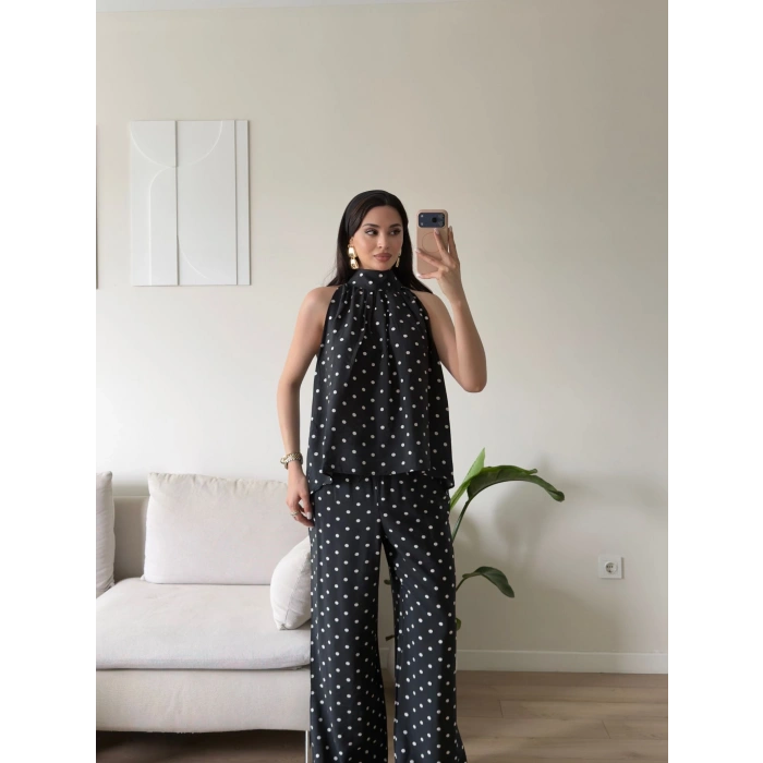 Halter Yaka Puantiyeli Takım - SİYAH