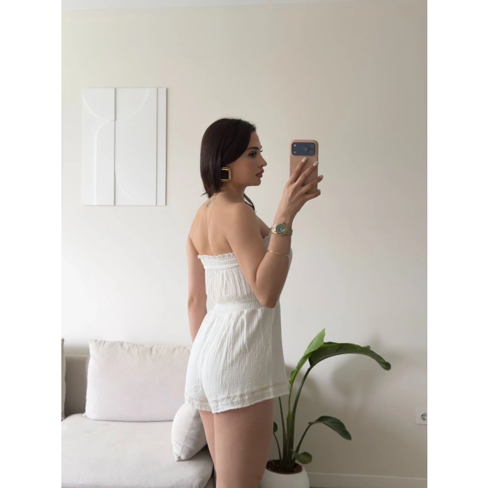 Straplez Şortlu Tulum - BEYAZ