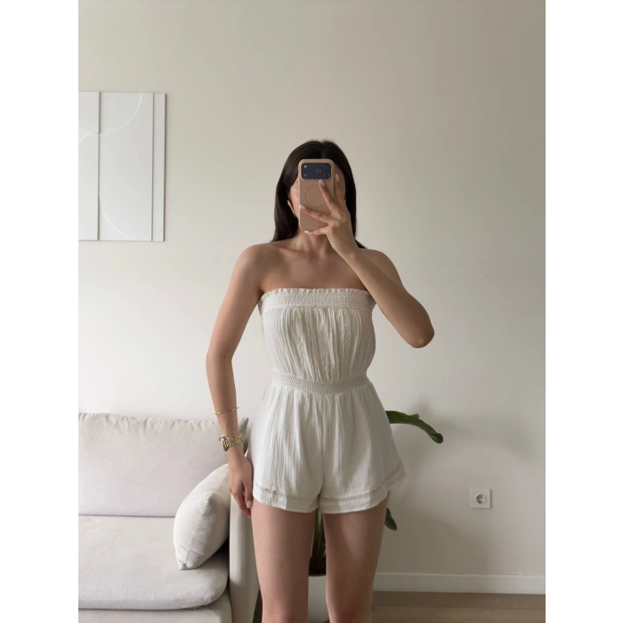 Straplez Şortlu Tulum - BEYAZ