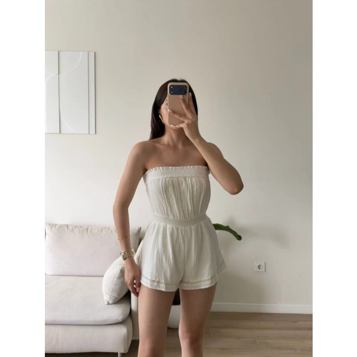 Straplez Şortlu Tulum - BEYAZ