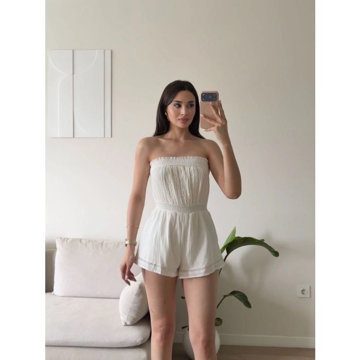Straplez Şortlu Tulum - BEYAZ