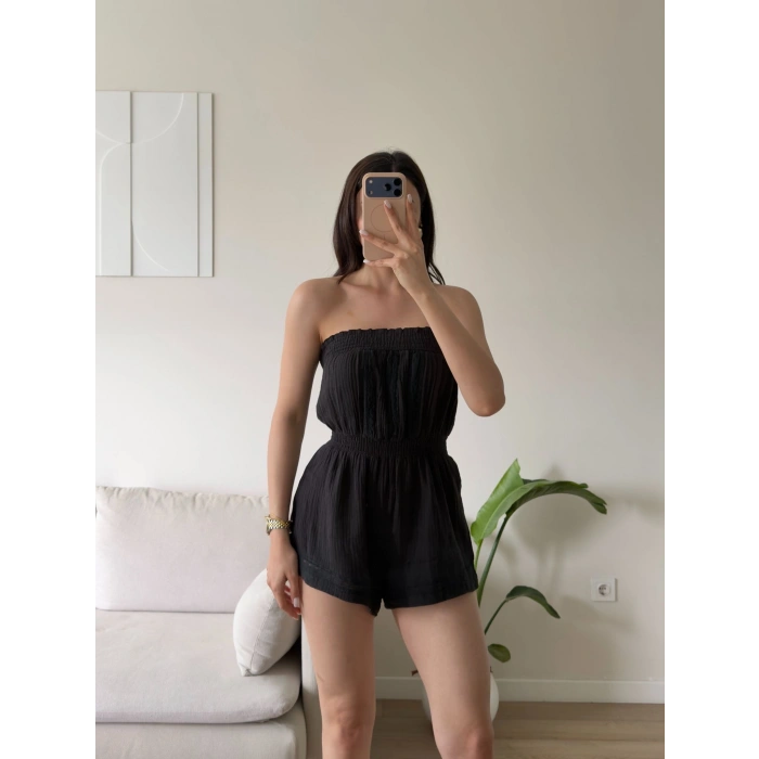 Straplez Şortlu Tulum - SİYAH