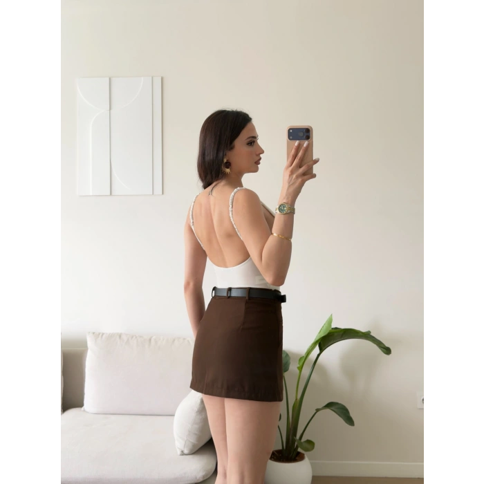 Kemerli Şort Etek - KAHVE