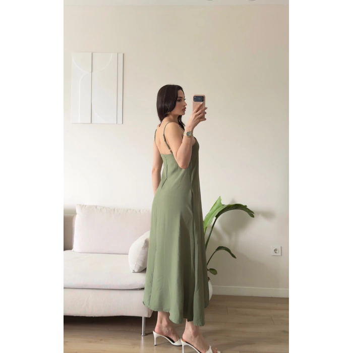 Cepli Airobin Askılı Maxi Elbise - HAKİ