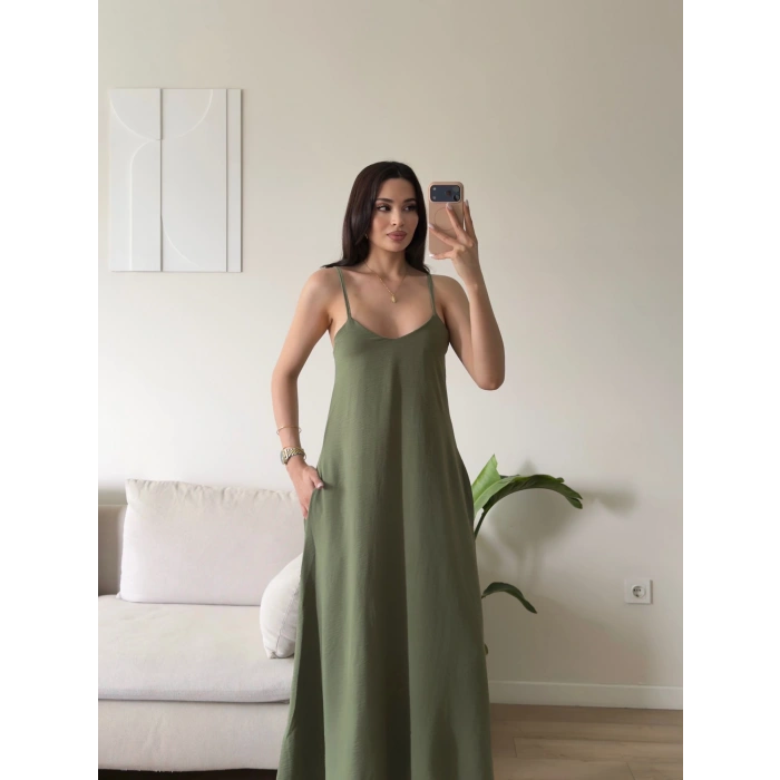 Cepli Airobin Askılı Maxi Elbise - HAKİ