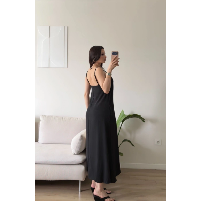 Cepli Airobin Askılı Maxi Elbise - SİYAH