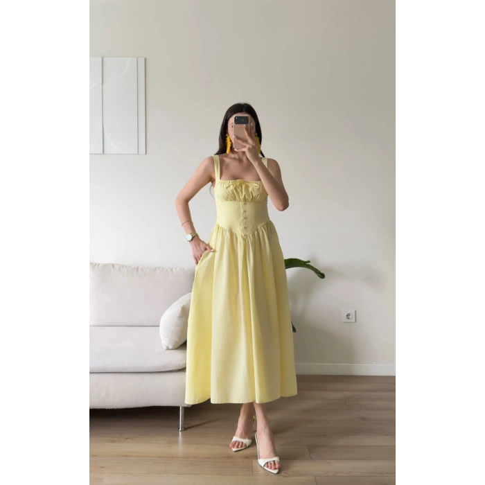 Bel Korse Askılı Prenses Elbise - SARI