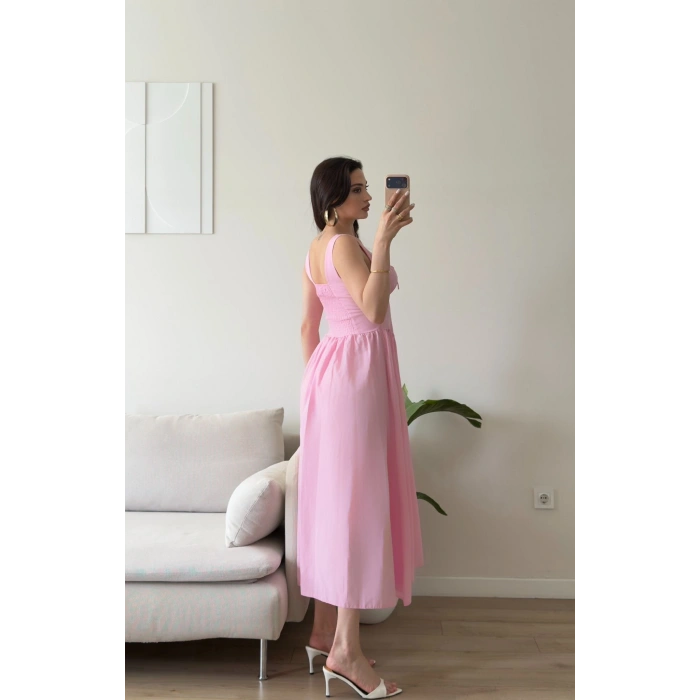 Bel Korse Askılı Prenses Elbise - PEMBE