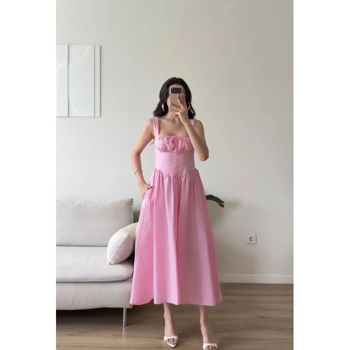 Bel Korse Askılı Prenses Elbise - PEMBE