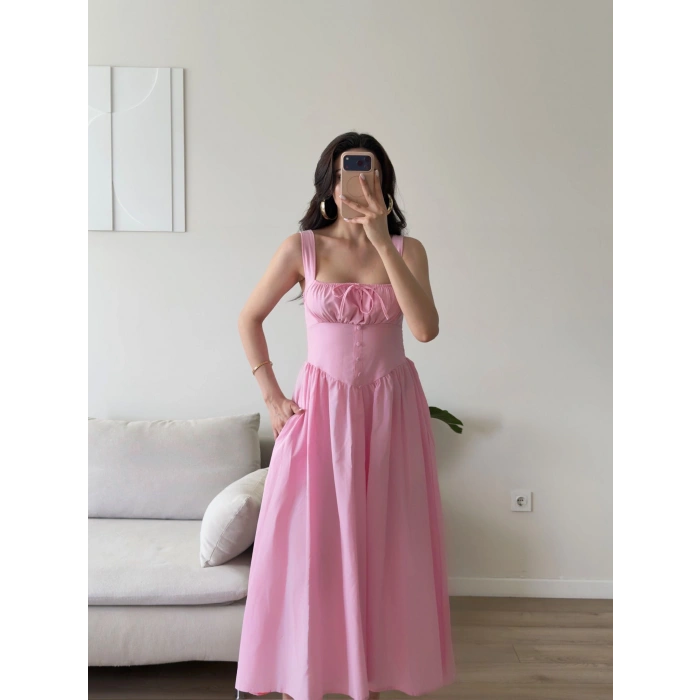 Bel Korse Askılı Prenses Elbise - PEMBE
