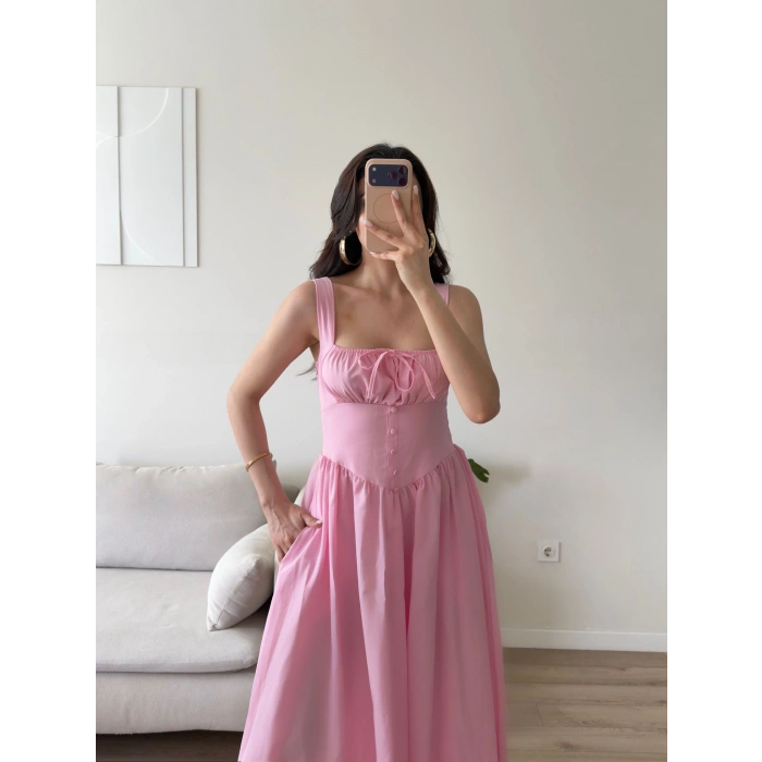 Bel Korse Askılı Prenses Elbise - PEMBE