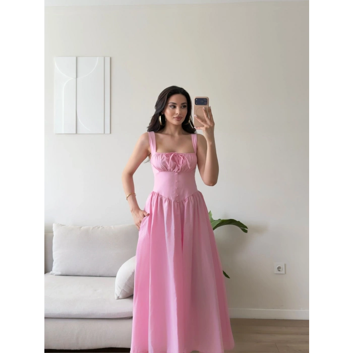 Bel Korse Askılı Prenses Elbise - PEMBE