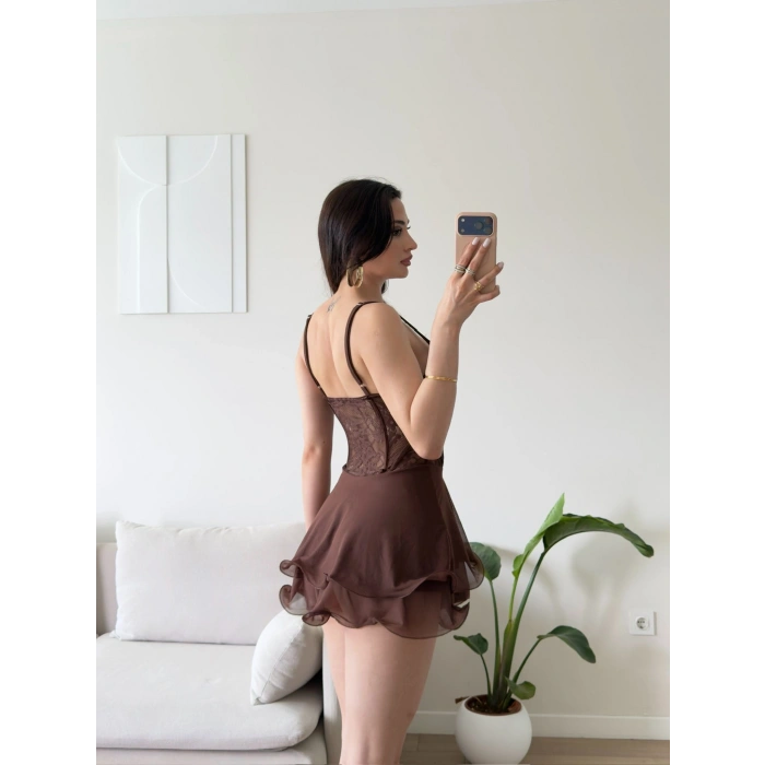Peri Güpür Detay Elbise - KAHVE