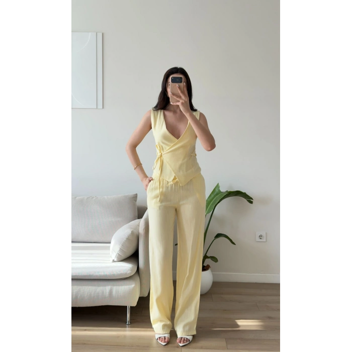 Kruvaze Bluz Pantolon Takım - SARI