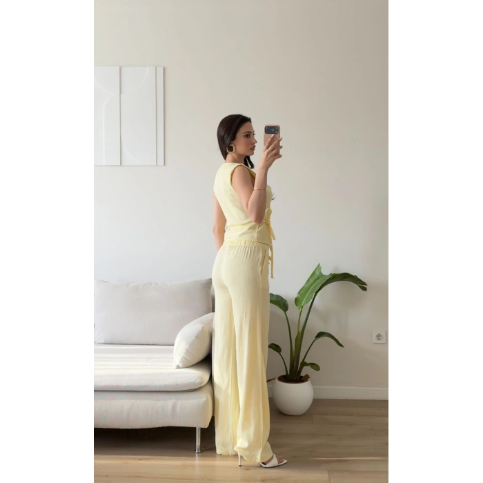 Kruvaze Bluz Pantolon Takım - SARI