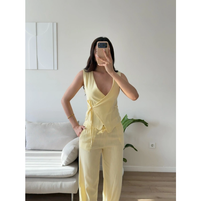 Kruvaze Bluz Pantolon Takım - SARI