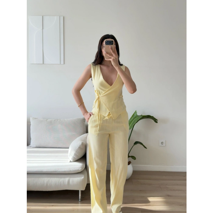 Kruvaze Bluz Pantolon Takım - SARI