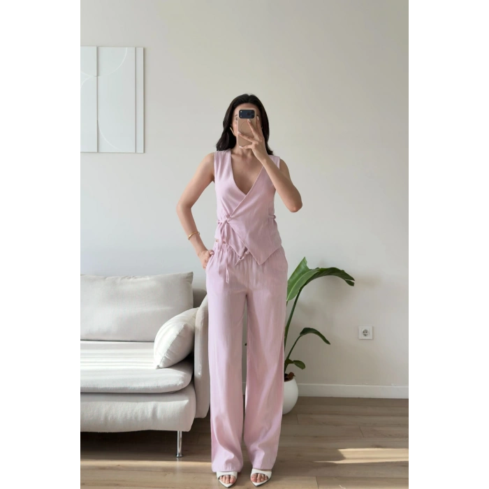 Kruvaze Bluz Pantolon Takım - PEMBE