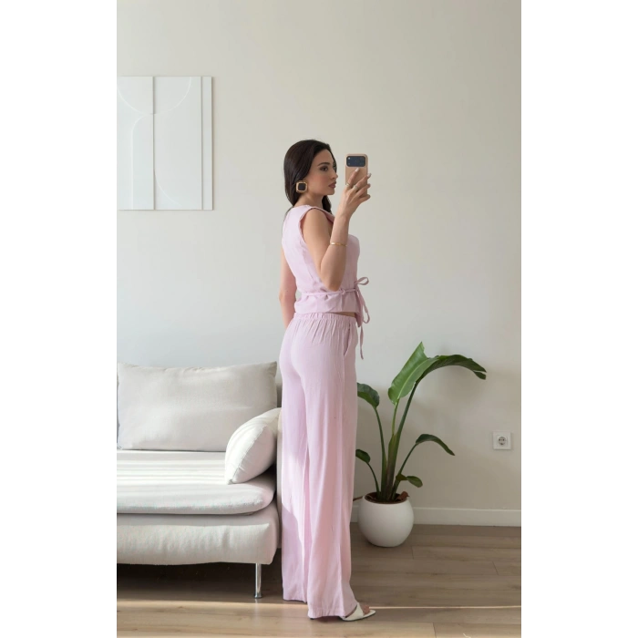 Kruvaze Bluz Pantolon Takım - PEMBE