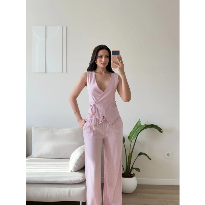 Kruvaze Bluz Pantolon Takım - PEMBE