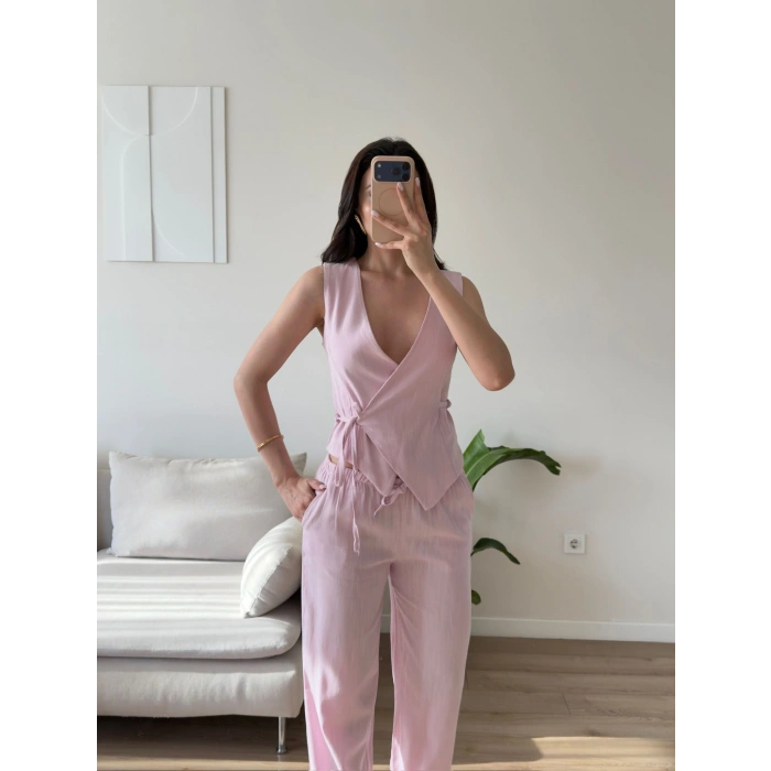 Kruvaze Bluz Pantolon Takım - PEMBE