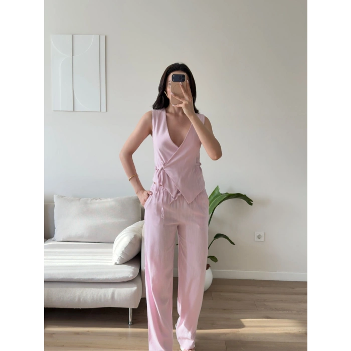 Kruvaze Bluz Pantolon Takım - PEMBE