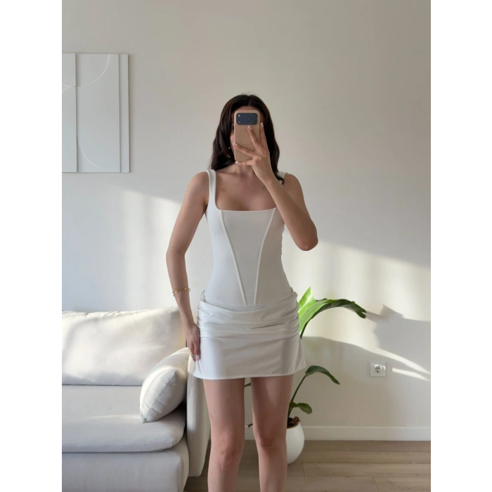 Eteği Drape Bodysuit Elbise - BEYAZ
