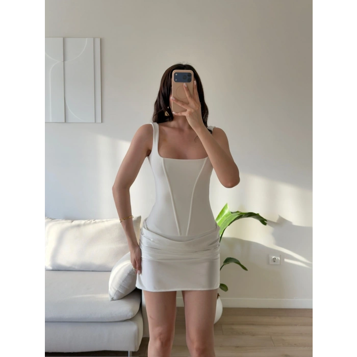 Eteği Drape Bodysuit Elbise - BEYAZ