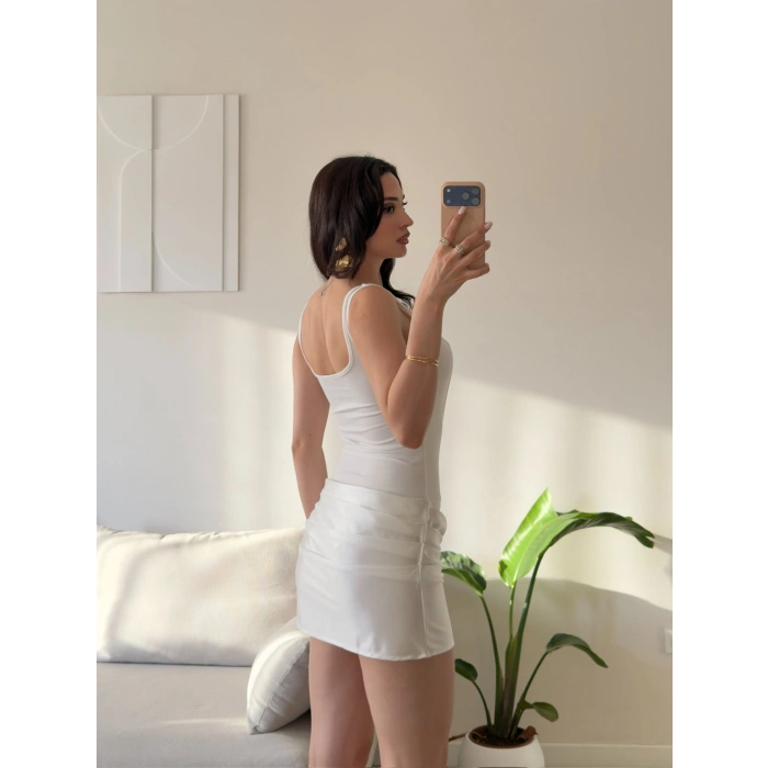 Eteği Drape Bodysuit Elbise - BEYAZ
